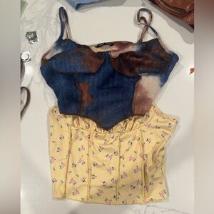 SHEIN Blue and Brown Crop Top with Yellow Floral Design